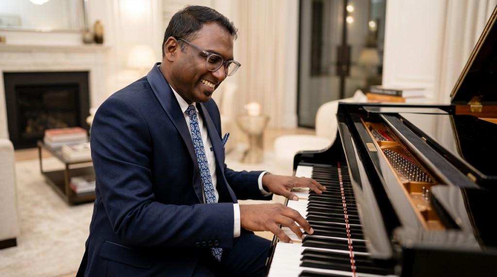 Joel Dave playing piano in a grand room.