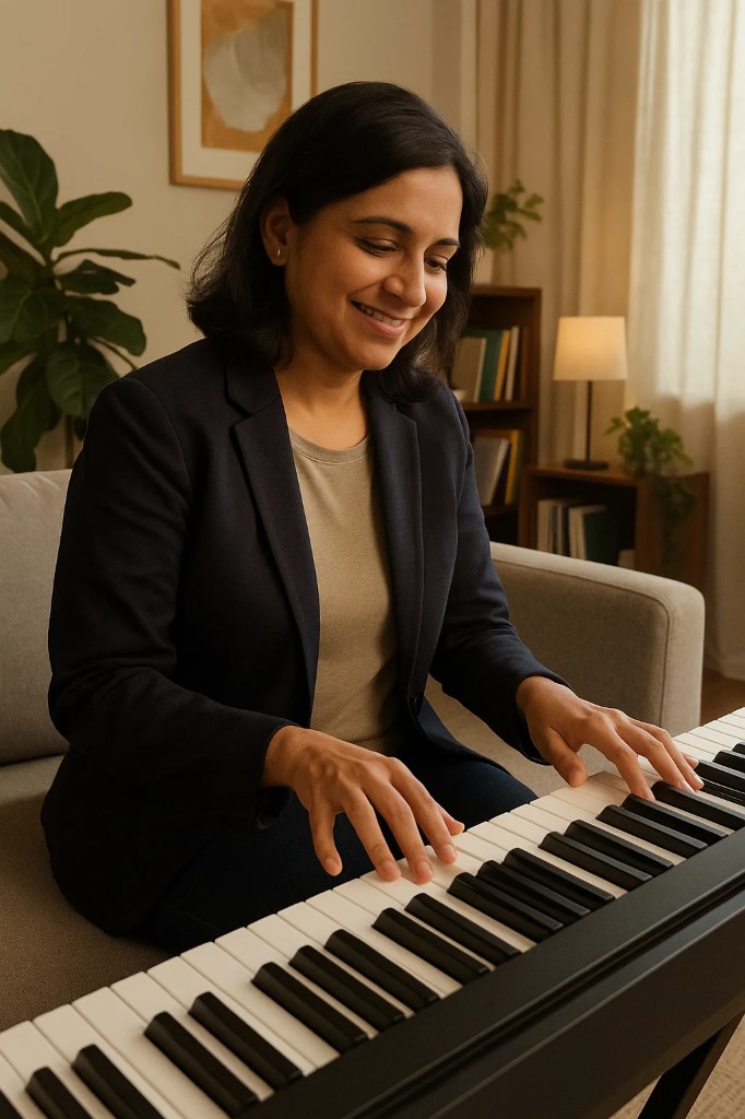 A smiling woman playing piano in a warm, sunlit living room